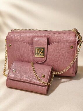 Rachel Zoe 2-Way Mauve Pink Clutch Crossbody w/ Studded Pouch NWOT